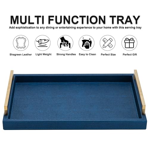 XIGEXIGE Navy Blue Decorative Serving Tray, Shagreen Leather Coffee Table Tray, Rectangle for Home Decor - color: Blue, size: 17" x 12" x 2.5"