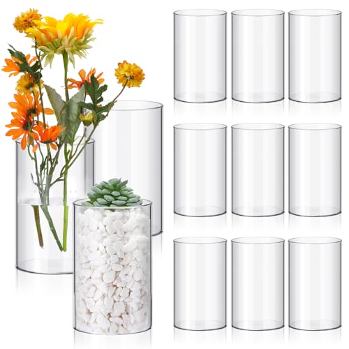 Vesici 12 Pcs Plastic Cylinder Vase 6 Inch Acrylic Cylinder Clear Flower Vase Bulk Hurricane Candle Holder Round Wide Container Centerpiece for Home Office Wedding Decorations