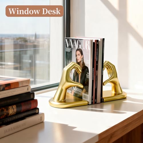Book Ends Heart Design for Mom, Non-Skid Bookend, Gold Bookends for Shelves, Heavy Duty Resin Book Stopper for Living Room Merch Apartment Bookshelf Birthday Women, 10.22 x 3.93 x 5.11