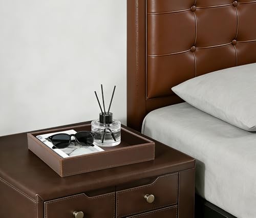 HofferRuffer Faux Leather Vanity Tray, Elegant Desktop Storage Organizer, Decorative Catchall for Perfume, Bathroom Valet, Nightstand or Dresser, 10 x 10 x 1.8 inches (Brown) - color: Brown, size: 10" x 10" x 1.8"