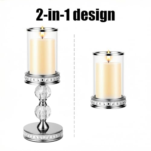 14.7" Tall Hurricane Candle Holder, Pillar Candle Holders with Glass Sleeve with Gift Box, Crystal Candle Stands for Home Warming, Weddiing, Dining Room Decor, Table Centerpiece (2, Silver, L) - color: Silver, size: Large