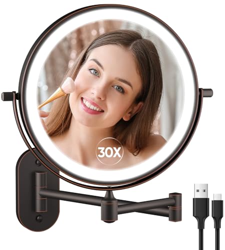 5000mAh Rechargeable Wall Mounted Lighted Makeup Vanity Mirror Double Sided 1X 30X Magnifying Bathroom Mirror, 3 Color Lighting, Touch Dimming, Extended Arm 360 Rotation Light up Mirror Antique Bronze - color: Antique Bronze