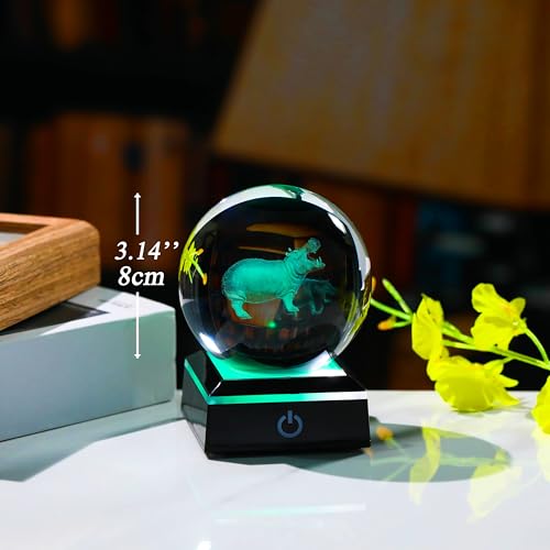 Qianwei Hippopotamus Gifts for Women 3D Crystal Ball 3.14'' - Laser Hippopotamus Decor Glass Animals Hippo Gifts Figurines Statue Stuff for Room Decorations Hippo Night Light - style: Hippo