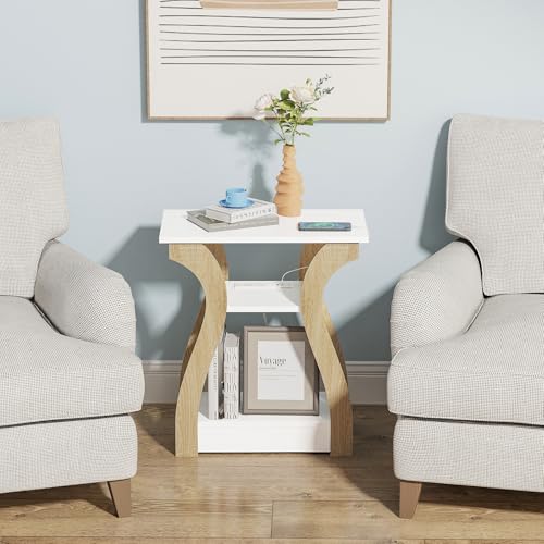 FROMJBEST End Table with Charging Station, Side Table with USB Ports and Outlets, Nightstand, 3 Tier End Table with Storage Shelf for Living Room, Bedroom (White) - color: White