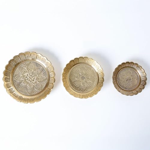 Shubhkart Premium Solid Brass Nakshi Plate Set (3 Sizes: L/M/S) – Handcrafted Decorative Puja Plates for Aarti, Temple, Festivals & Home Mandir Décor | Elegant Brass Thali Set for Diwali & Gifting - size: Combo (S, M, L)