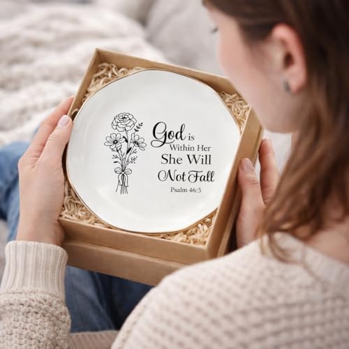God Is Within Her Jewelry Dish Jewelry Tray, Inspirational Christian Ring Dish, Ceramic Trinket Tray for Women, Bible Verse Jewelry Holder for Rings Earrings Necklace, Christian Gifts for Women - color: God is within her, she will not fall.