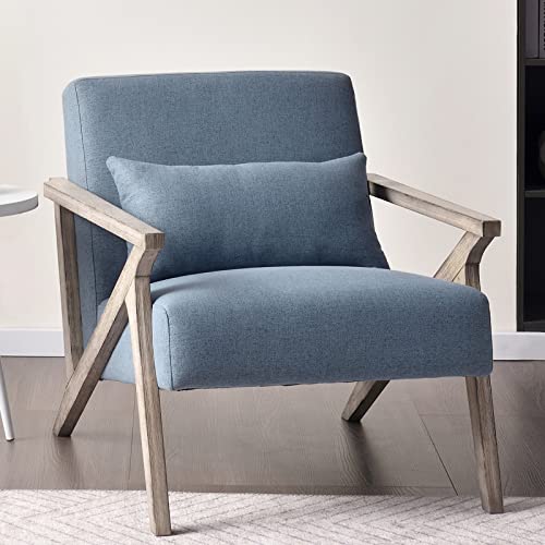 INZOY Mid Century Modern Chair with Wood Frame, Upholstered Armchair with Waist Cushion, Accent Chair for Living Room Bedroom Apartment, Easy Assembly, Blue - color: Blue