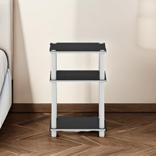 Furinno JUST Side Table, 3-Tier End Table, Open Shelves Night Stand, Bedside Table, Toolless Assembly, for Living Room, Bedroom, Bathroom, White(Espresso) | with Plastic Poles, 1-Pack - color: White/Espresso, size: 3-Tier, Round Pole, style: 1-Pack