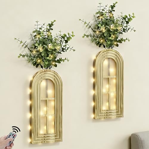 HOMECOR Hanging Wooden Vase Wall Decor - Brown Finish Boho & Modern Farmhouse Decor with Fairy Lights & Artificial Plants, Wall Art for Living Room, Bedroom, Bathroom Home Decor - style: Eucalyptus - Wall Decor