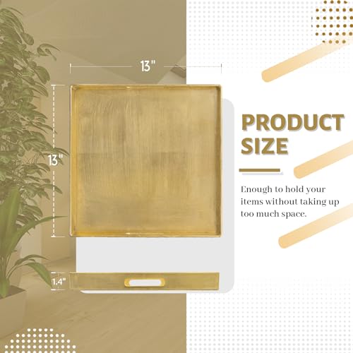 MAONAME Gold Decorative Tray with Handles, Foil Serving Tray for Ottoman, Square Coffee Table Trays for Living Room, Bathroom, 13" L x 13" W x 1.6" H - size: 13" x 13" x 1.6"