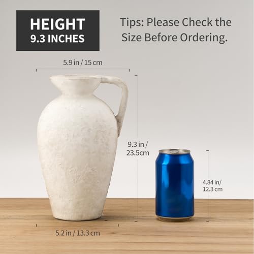 LUKA Rustic Farmhouse Terracotta Vase, 9.25 inch with Handle, Neutral Tall Clay Vase for Living Room, Table, Shelf Decor (Off-White) - color: Off-white, size: 9 inch (H)
