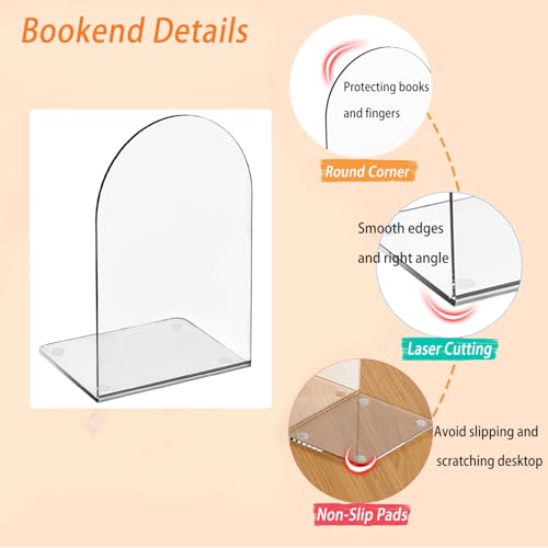 Lulonpon 6 Pieces Book Ends, Bookends, Books End for Shelves, Books End for Heavy Books, Clear Bookends, Acrylic Book Ends for School, Library,Desktop Organizer and Book Shelves - color: Clear