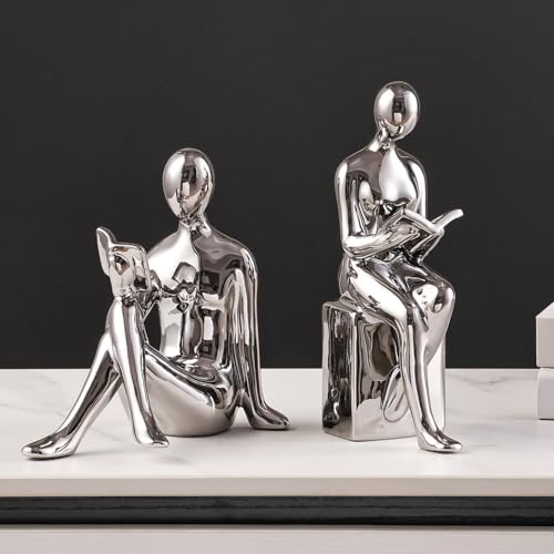Ceramic Decorative Bookends, Book Ends for Shelves, Home Office Decor Aesthetic Statues Book Holders Stoppers for Bookshelf, Table, Bedroom Living Room Decoration (Silver) - color: Silver