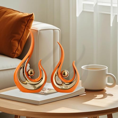 Set of 2 Abstract Statues, Modern Resin Sculptures, Handcrafted Figurines for Living Room and Library, Orange Golden