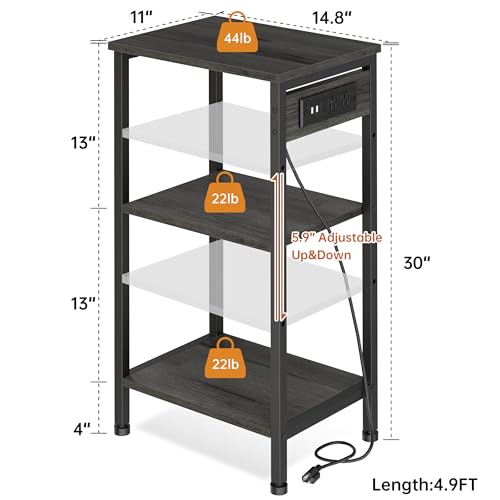Asgolion Tall End Table with Charging Station, 3 Tier Narrow Beside Table with Adjustable Shelf, Tall Gray Side Table Nightstand for Bedroom, Living Room Coffe Table, Office, Charcoal Grey - color: Charcoal Grey, style: With Outlet