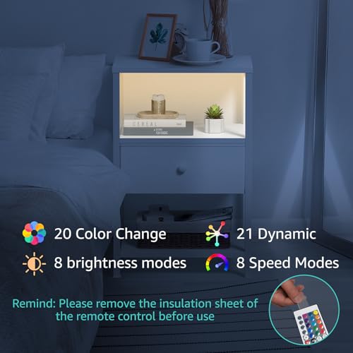 BOLUO White Nightstand with Charging Station, LED Night Stand with Fabric Drawers and Shelf, Bedside Table with USB Ports and Outlets, Bedroom Nightstand Modern - color: A.white