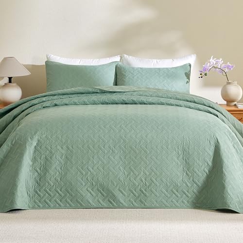 JYHOPE Queen Quilt Set Sage Green Lightweight Bedspread Bedding 3-Piece Microfabric Quilts with Pillow Shams Summer Cooling Comforter Alternative Gift Wrapped - color: Weave Pattern-sage Green, size: Full/Queen(96x90)