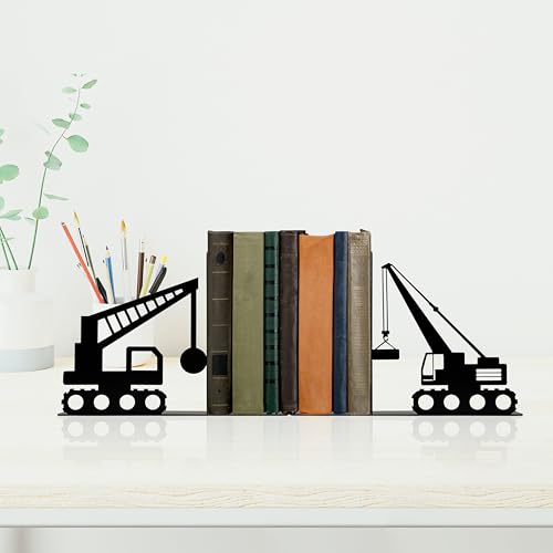 Construction Truck Decorative Bookends for Boys Room - Durable and Cute Design, Perfect for Nursery and Kids' Book Ends（Crane） - color: Black Crane