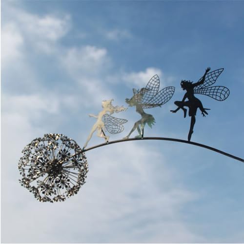 Fcteap Flower Fairy Dancing with Dandelion Garden Art Sculpture Stainless Steel Statue Christmas Halloween Decoration for Outdoor Yard Courtyard Lawn Patio Metal Ornaments (Three Persons) - style: Three Persons