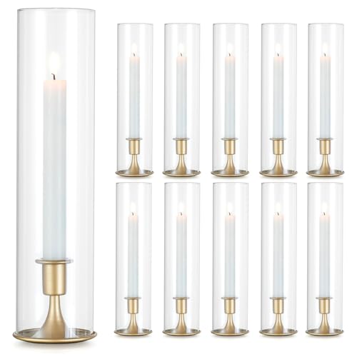 Romadedi Hurricane Candlestick Holders Gold - 10 Pcs Taper Candle Holders Bulk Tall Clear Glass Cylinder for Wedding Table Centerpieces Party Decor Birthday Christmas Home Decorations