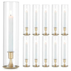 Romadedi Hurricane Candlestick Holders Gold - 10 Pcs Taper Candle Holders Bulk Tall Clear Glass Cylinder for Wedding Table Centerpieces Party Decor Birthday Christmas Home Decorations