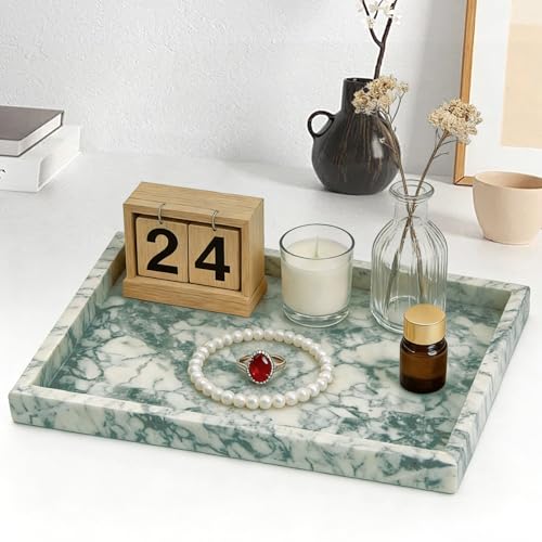 Natural Marble Tray, Stone Tray for Bedroom/Bathroom/Kitchen/Vanity Countertop, Jewelry Tray for Rings Earrings Necklace Bracelet Watch, Room Decor Aesthetic - color: Lotus Green, size: 11.8" x 7.9" x 1.2"