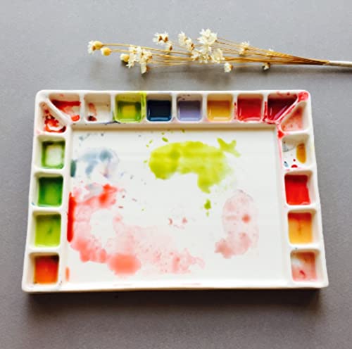 Bower Bird Ceramic Watercolor Palette 18well Rectangle Artist Professional Paint Palette for Acrylic,Gouache Painting Ceramic Mixing Tray (Porcelain) (7.8x5.7in(with Box)) - size: 7.8x5.7in(with box)