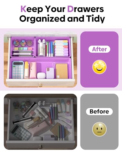 10 Pack Large Size Plastic Drawer Organizers Set, 3 Sizes Desk Drawer Organizer Trays, Storage Bins for Vanity, Makeup, Bathroom, Kitchen Utensils and Office (Purple) - color: Purple