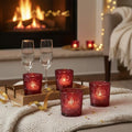 6 Pack Patented Sun Moon Star Embossed Glass Tea Light Candle Holders - Unique Votive Candle Holders for Wedding, Party, and Table Centerpieces (Wildberry Red) - color: Wildberry Red