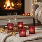 6 Pack Patented Sun Moon Star Embossed Glass Tea Light Candle Holders - Unique Votive Candle Holders for Wedding, Party, and Table Centerpieces (Wildberry Red) - color: Wildberry Red
