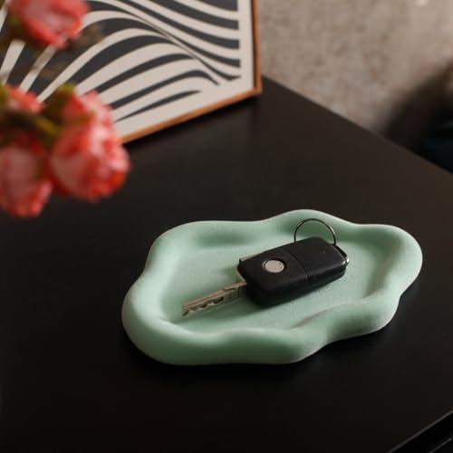 Jewelry Dish Trinket Tray for Women, Ring Dish Holder, Unique Cloud Shape Ceramic Plate Cute Things Vanity Aesthetic Room Decor Mother's Day Birthday (Flocked Green) - color: Flocked Green