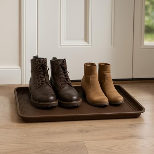 2 Pack Boot Tray & Shoe Mat for Entryway – 16.5" x 12.5" Floor Protector for Wet & Muddy Shoes, Pets, Plants – Waterproof Plastic with Raised Edge for Indoor/Outdoor Use (Brown) - color: Brown