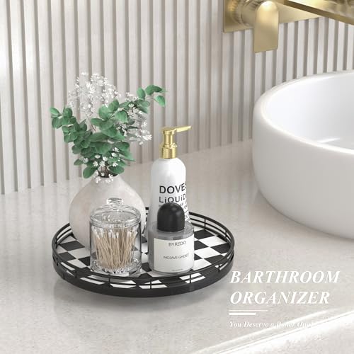 Black and White Kitchen Lazy Susan Turntable – Checkered Round Decorative Tray, 10” Table Top Oak Wood Lazy Susan for Cookies, Dining Table Organizer, Small Kitchen Table Centerpiece - color: Black & White, size: 10 inches