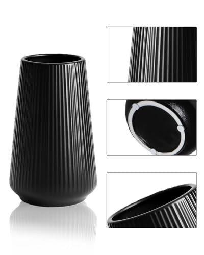 Black Ceramic Vase, 8 Inch Flower Vase for Pampas Grass, Modern Ribbed Decorative Vase with Narrow Opening for Living Room Table, Shelf Decor - color: Black01