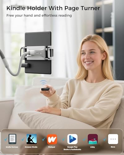 SAIJI Gooseneck Kindle Holder With Remote Page Turner, Tablet Holder for Bed, 39.3 in Flexible Lazy Arm，Free Hands Kindle Accessories, Leather Tablet Stand For Reading In Bed,Fits 4.7-11" Devices,Gray - color: Grey