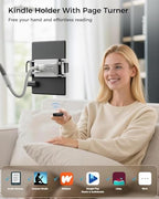 SAIJI Gooseneck Kindle Holder With Remote Page Turner, Tablet Holder for Bed, 39.3 in Flexible Lazy Arm，Free Hands Kindle Accessories, Leather Tablet Stand For Reading In Bed,Fits 4.7-11" Devices,Gray - color: Grey