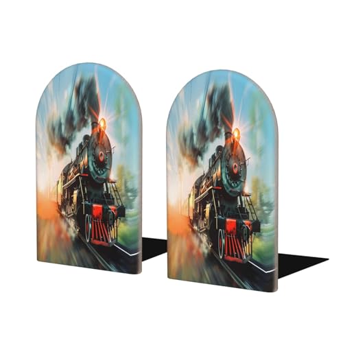 Decorative Bookends 2 Pcs Steam Train Wood Bookends for Shelves Heavy Books Kids Non-Skid Book Ends Stoppers for Office Desk Kitchen School - color: Steam Train