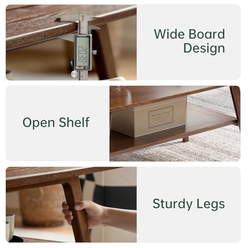 100% Solid Oak Wood Coffee Table for Living Room, 2-Tier Small Table with Storage Shelf, Mid Century Modern Coffee Tables (Walnut, 31.49" x 19.68" x 17.32") - color: Walnut Colour, size: 31.49"W x19.68" D x 17.32" H