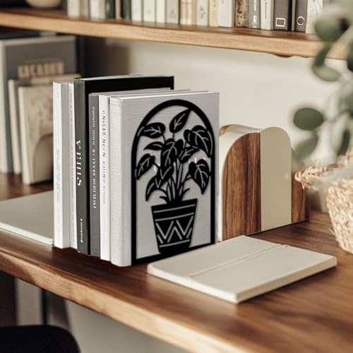 Peacoblue Metal Bookends for Shelves, Modern Decorative Heavy Duty Study Book Ends Stoppers for Office, Desk, Shelf, Room 5.3"x4.3"x7.9" Cast Iron Simple Tall Bookends 1 Pair (Potted Plants) - style: Potted Plants
