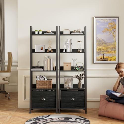 Furologee Ladder Shelf, Ladder Bookshelf with Drawer, Industrial 5 Tier Book Shelf, Display Open Bookcase Storage Shelves for Books, CDs, Photos, Black Shelving Unit for Home Office, Living Room - color: Black N, size: 5-Tier, 15" W
