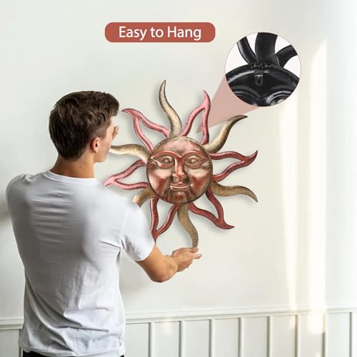 Large Outdoor Wall Decor Rust Proof, Sun Face Metal Wall Art Decor Hanging for Indoor Outdoor, Patio, Fence, Garden(26 Inch) - color: Gold-Sun