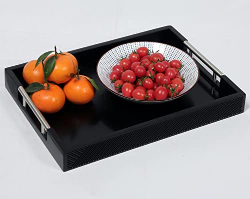 Serving Tray with Polished Metal Handles, 16.5''x12'' Rectangle Coffee Table Tray, Modern Decorative Tray, Large Ottoman Tray, Perfect for Storage and Display (Black) - color: Black