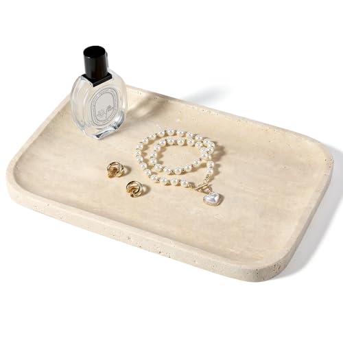 Koville Romano Travertine Tray, 12"x8" Natural Stone Vanity Tray for Countertop Bathroom Kitchen Dresser, Decorative Marble Catchall Trays for Perfume Jewelry, Rectangular Serving Tray(Beige) - color: Travertino Romano