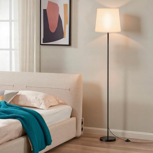 SIBRILLE Floor Lamp with White Shade, 62" Dimmable LED Standing Lamp with Remote, 9W E26 Bulb Included, 3000-6000K, Modern Floor Reading Light for Bedroom Living Room Office Corner, Black Pole - color: White