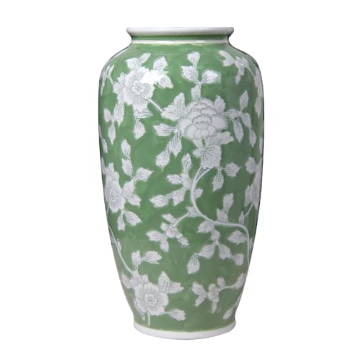 Spring Floral Ceramic Vase, Green and White Chinoiserie Vase with Hand-Painted Peony Design, 14 Inch Tall Decorative Vase for Home Decor, Table Centerpiece