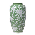 Spring Floral Ceramic Vase, Green and White Chinoiserie Vase with Hand-Painted Peony Design, 14 Inch Tall Decorative Vase for Home Decor, Table Centerpiece
