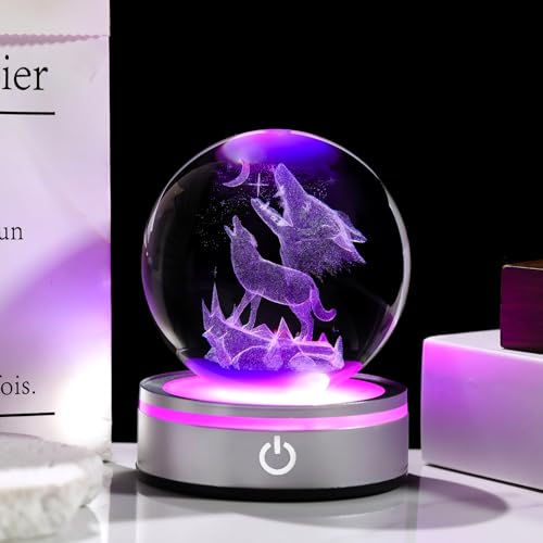 Arikyrist 3.15in. 3D Wolf Crystal Ball Gifts for Women Men, K9 Crystal Decorative Ball Engraved Wolf Figurine Paperweight with LED Light Base for Home Office Decoration for Birthday Christmas - color: Wolf