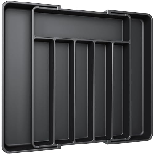 Aujen Silverware Organizer - Expandable Kitchen Drawer Organizer, Adjustable Utensil Organizer, Cutlery Tray for Forks, Knives, Multipurpose Kitchen Organizers and Storage Solution, Black, Large - color: Black, size: Large