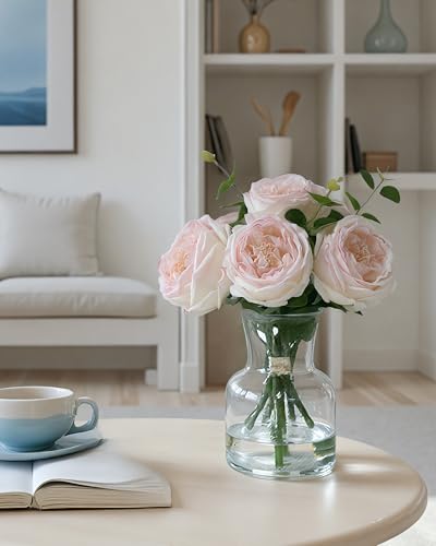 CHASMILE Lifelike Artificial Light Pink Rose Bouquet in Vase - 3D Petals & Stem Design - Table Centerpiece for Wedding, Restaurant, or Home Dining Room - color: Light Pink Simulated Rose With Vase