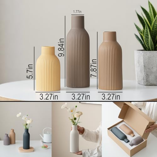 Modern Ceramic Vases Set of 3, Coffee Table Ribbed Decorative Vases, Shelf Table Centerpiece for Home Decor (Coffee Mix) - color: Coffee Mix